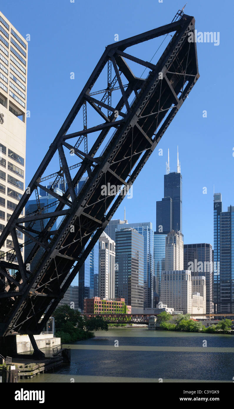 Vecchio ponte levatoio, Chicago River, Downtown Chicago, Illinois, Stati Uniti d'America, Stati Uniti, America, città skyline, edifici, fiume, Wili Foto Stock