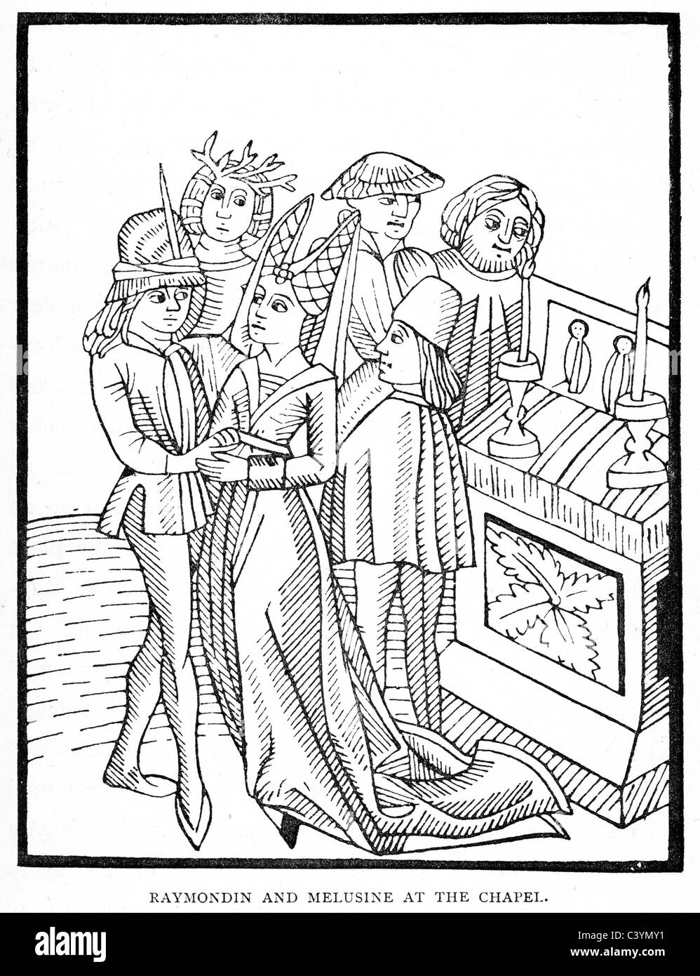 Xilografia medievale dalla storia di Melusine. Raymondin e Melusine presso la Cappella Foto Stock