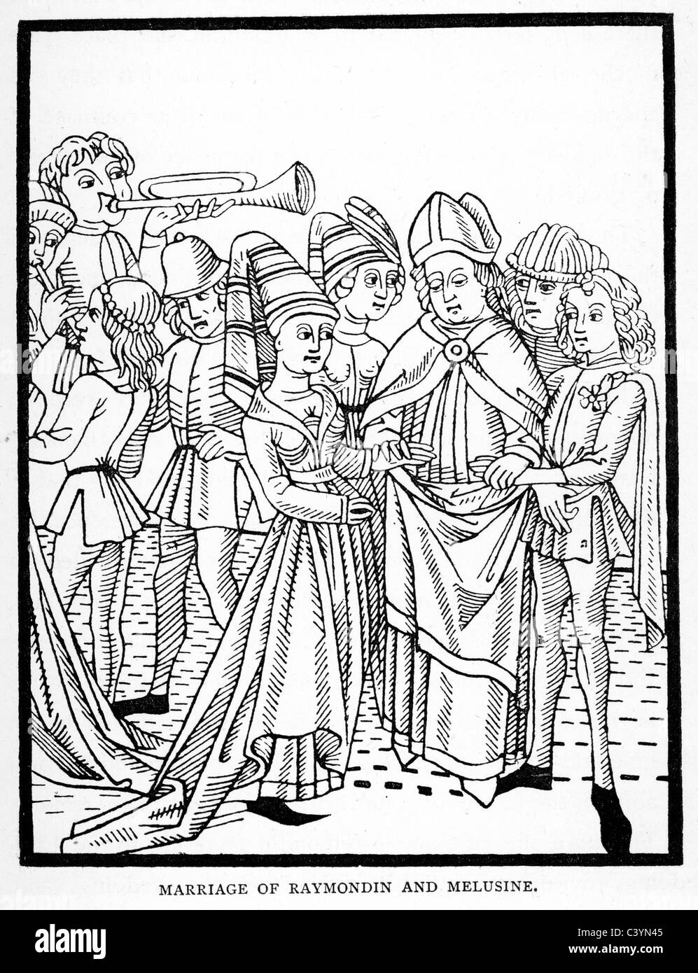Xilografia medievale dalla storia di Melusine. Il matrimonio di Raymondin e Melusine Foto Stock
