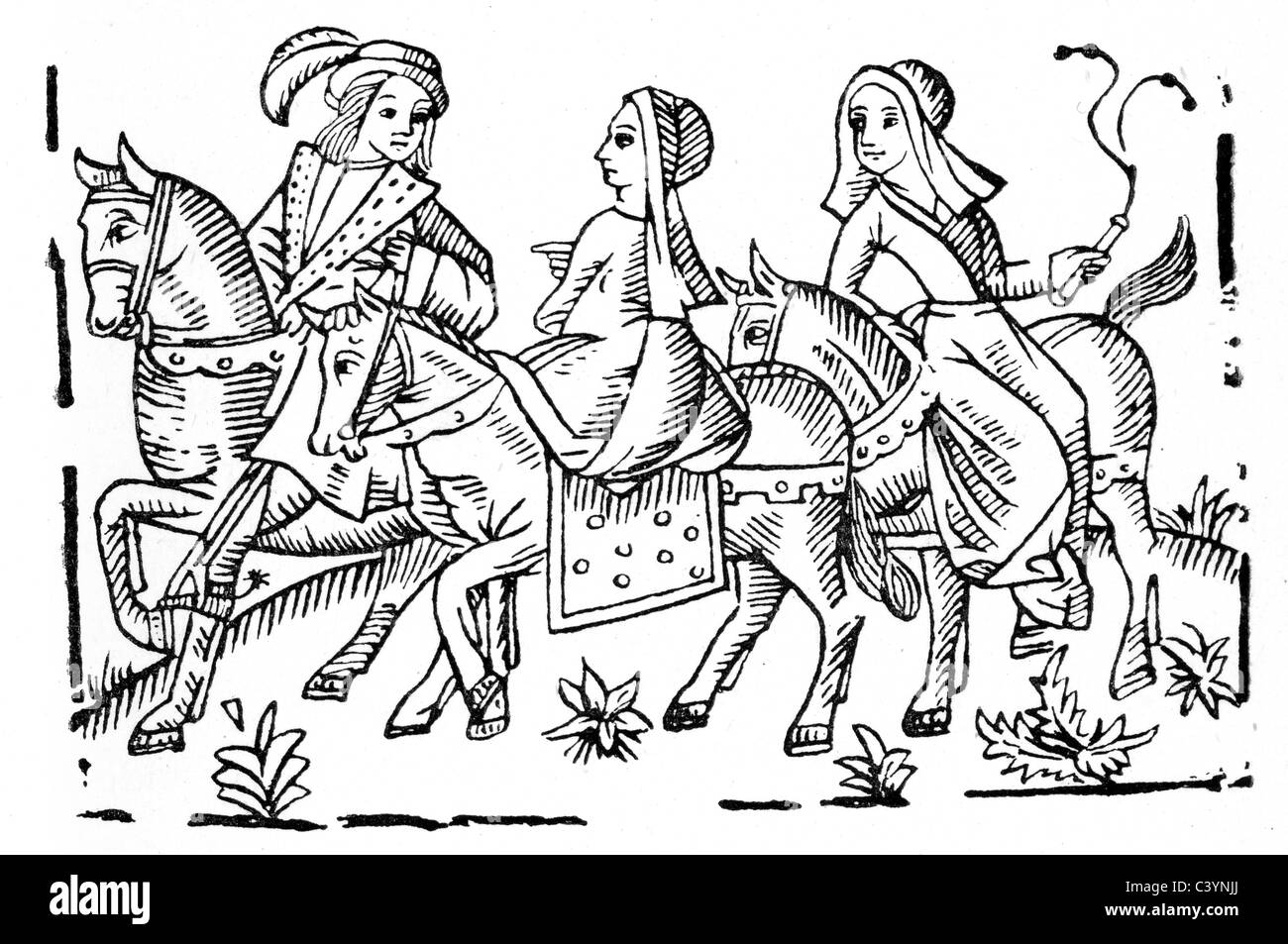 Xilografia medievale dalla storia del cavaliere del cigno. Re Oriant e Beatrice riding home Foto Stock