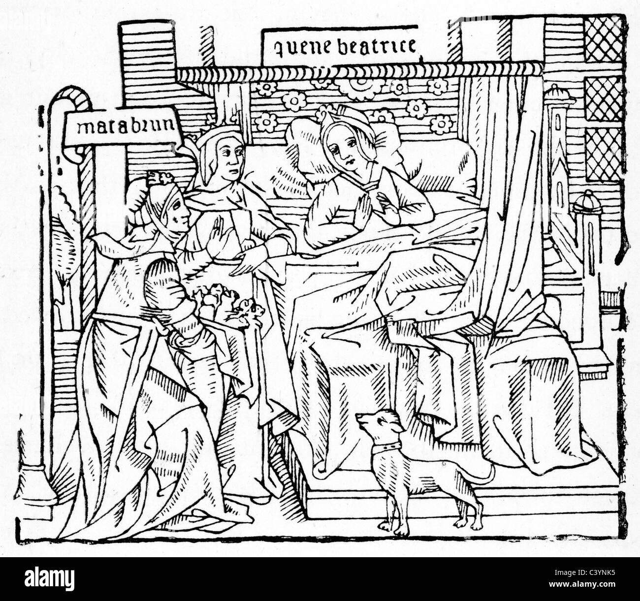 Xilografia medievale dalla storia del cavaliere del cigno. Il tradimento della regina Matabrune Foto Stock