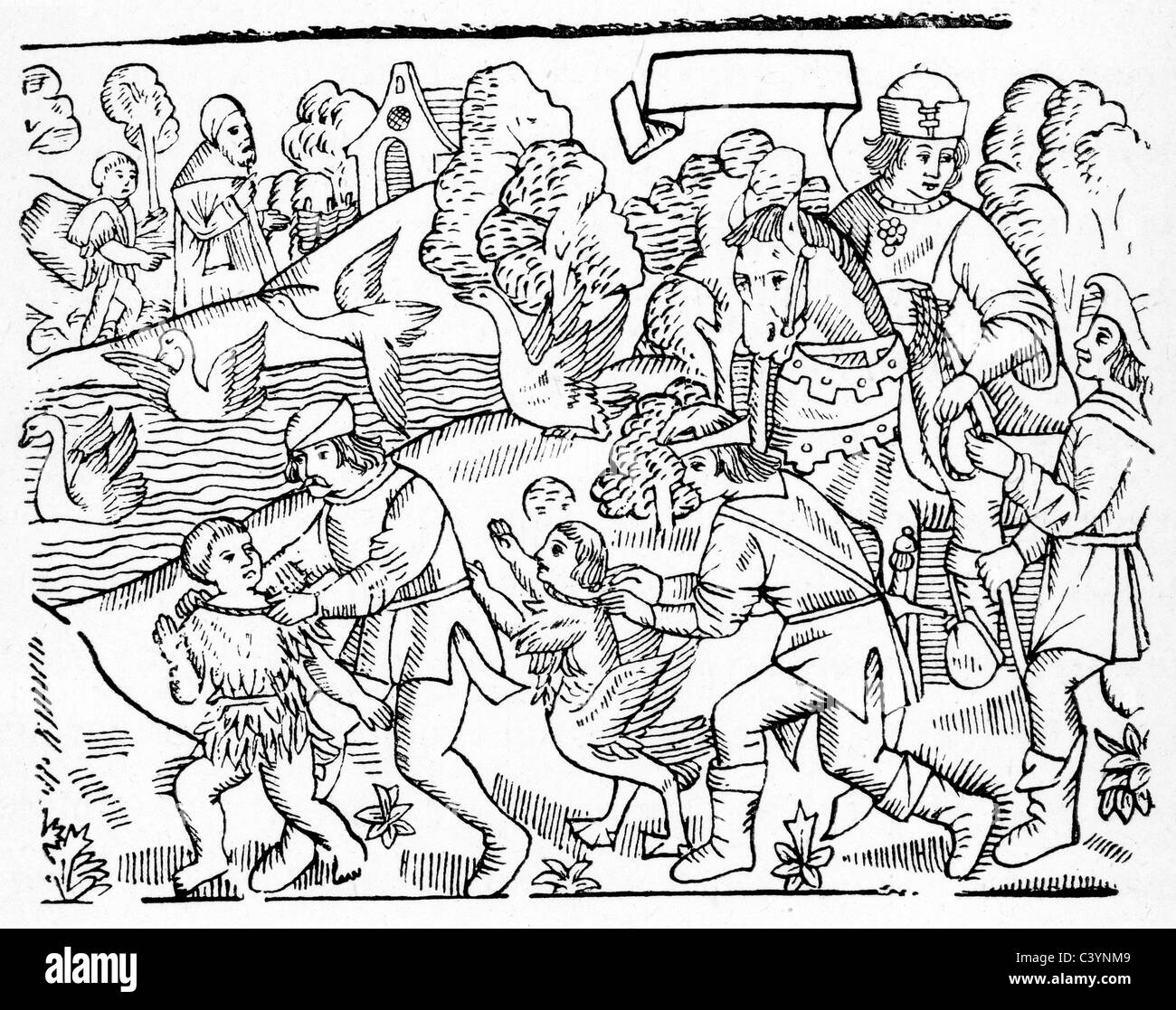 Xilografia medievale dalla storia del cavaliere del cigno. I bambini si è trasformata in cigni. Foto Stock