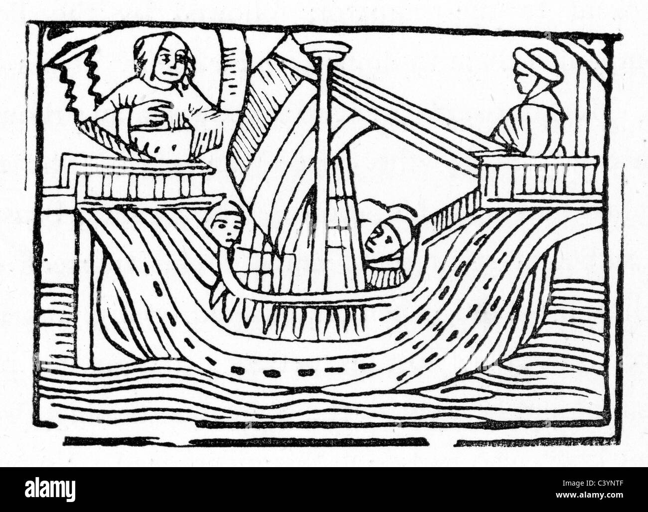 Xilografia mostra ragazzo di Warwick vela per l'Inghilterra. Guy di Warwick è un leggendario eroe inglese del romanzo del XIII secolo. Foto Stock