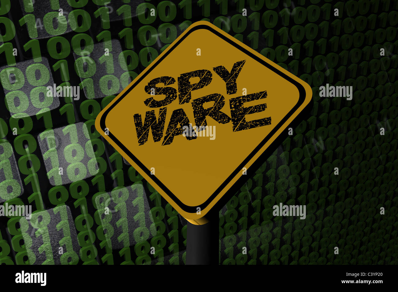 Spyware segno di avvertimento sul codice binario illustrazione Foto Stock