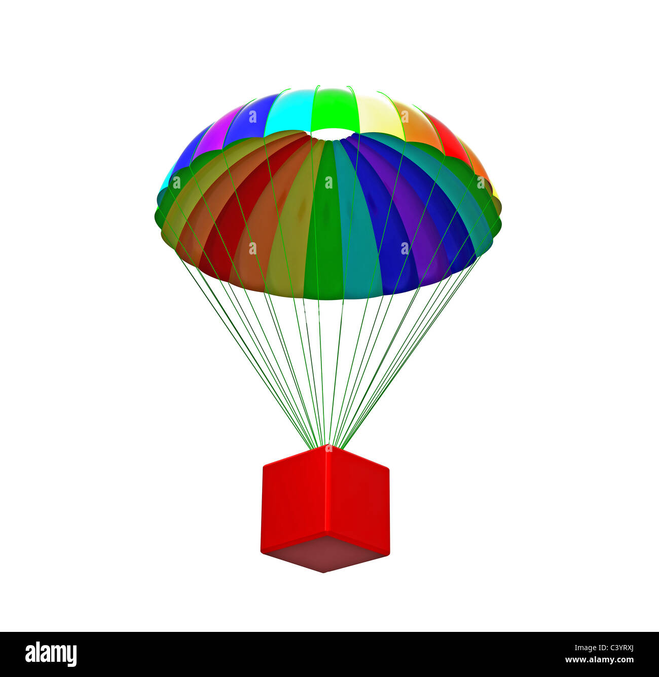 Rainbow paracadute con pacchetto isolato su bianco 3D render Foto Stock