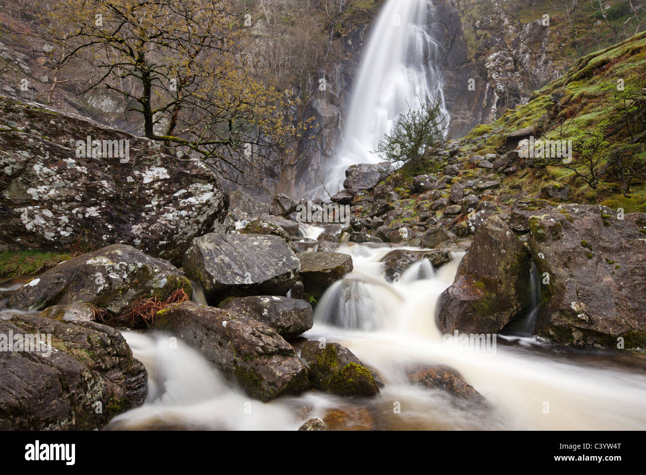 Aber cade sul Afon Rhaeadr-fawr, Parco Nazionale di Snowdonia, Gwynedd, Galles del Nord, Regno Unito. Molla (aprile 2011). Foto Stock