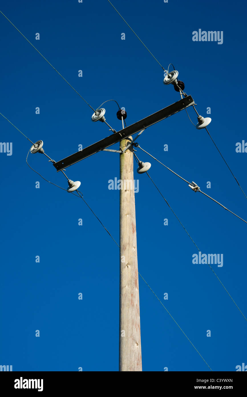 La distribuzione di energia elettrica. Pilone contro il cielo blu. Regno Unito Foto Stock