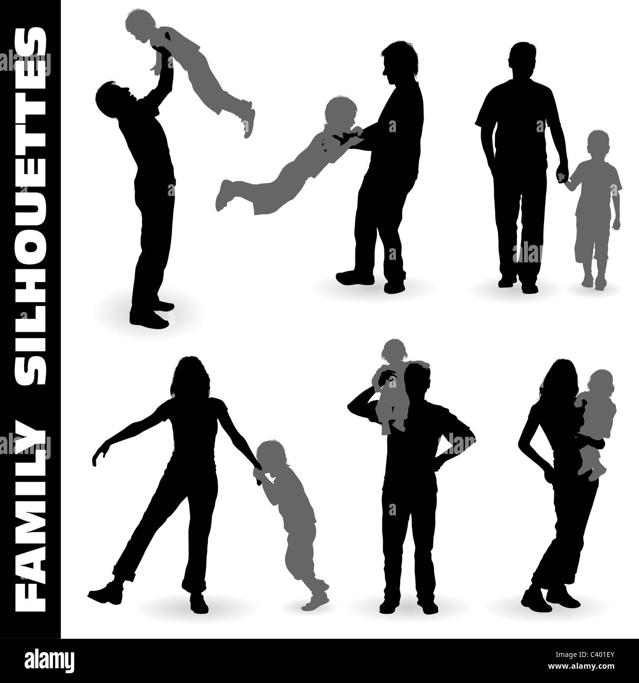 Raccogliere il vettore Silhouette felice famiglia con bambino sulla passeggiata, illustrazione per la progettazione Foto Stock