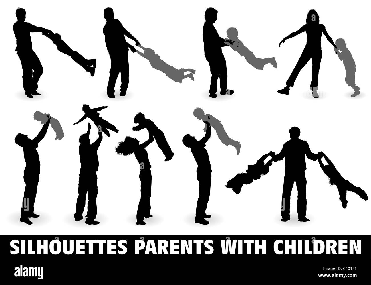 Grande raccolta di Silhouette vettore felice famiglia con bambino sulla passeggiata, illustrazione per la progettazione Foto Stock