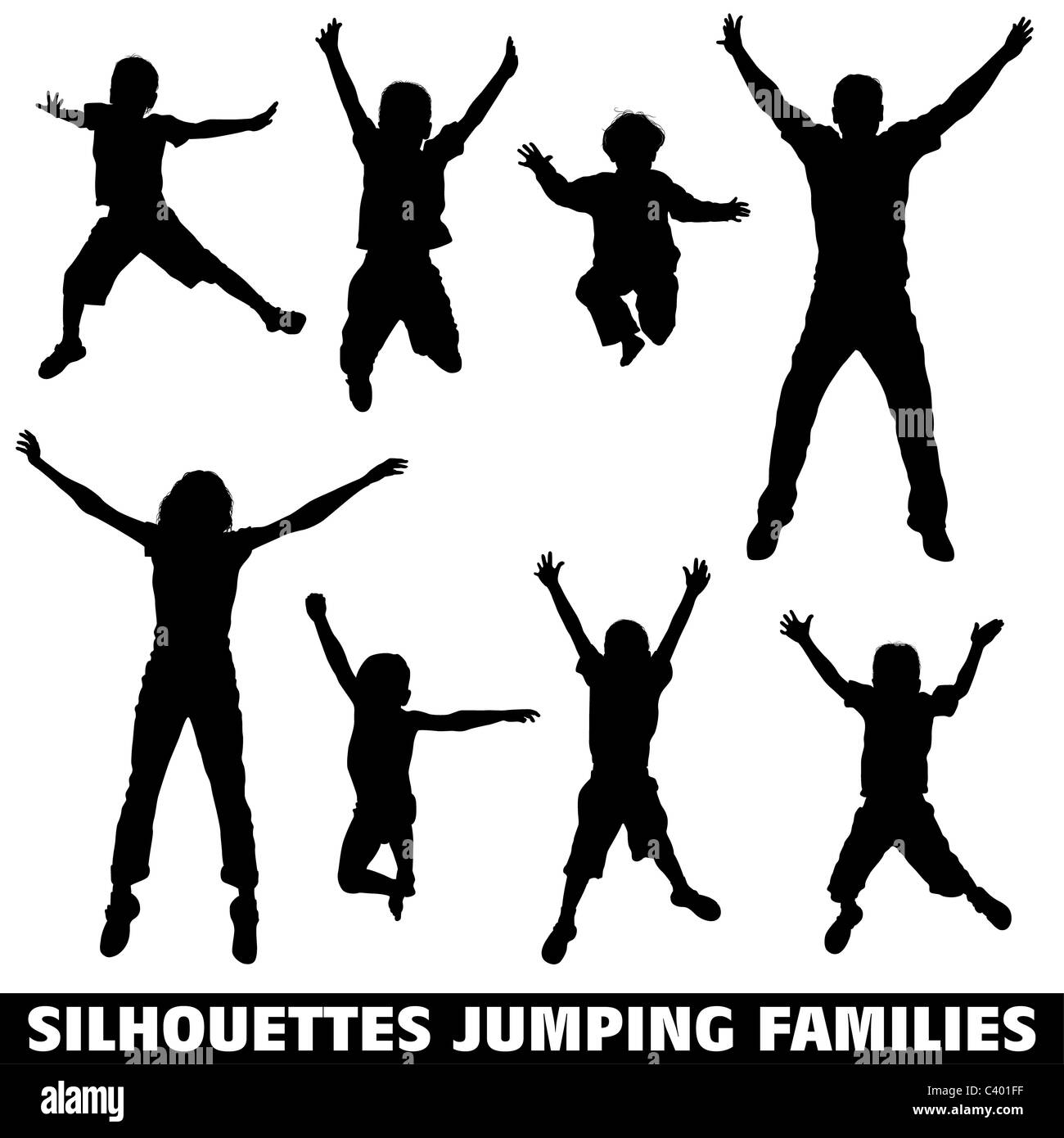 Raccogliere il vettore sagome di un felice famiglia jumping, illustrazione per la progettazione Foto Stock