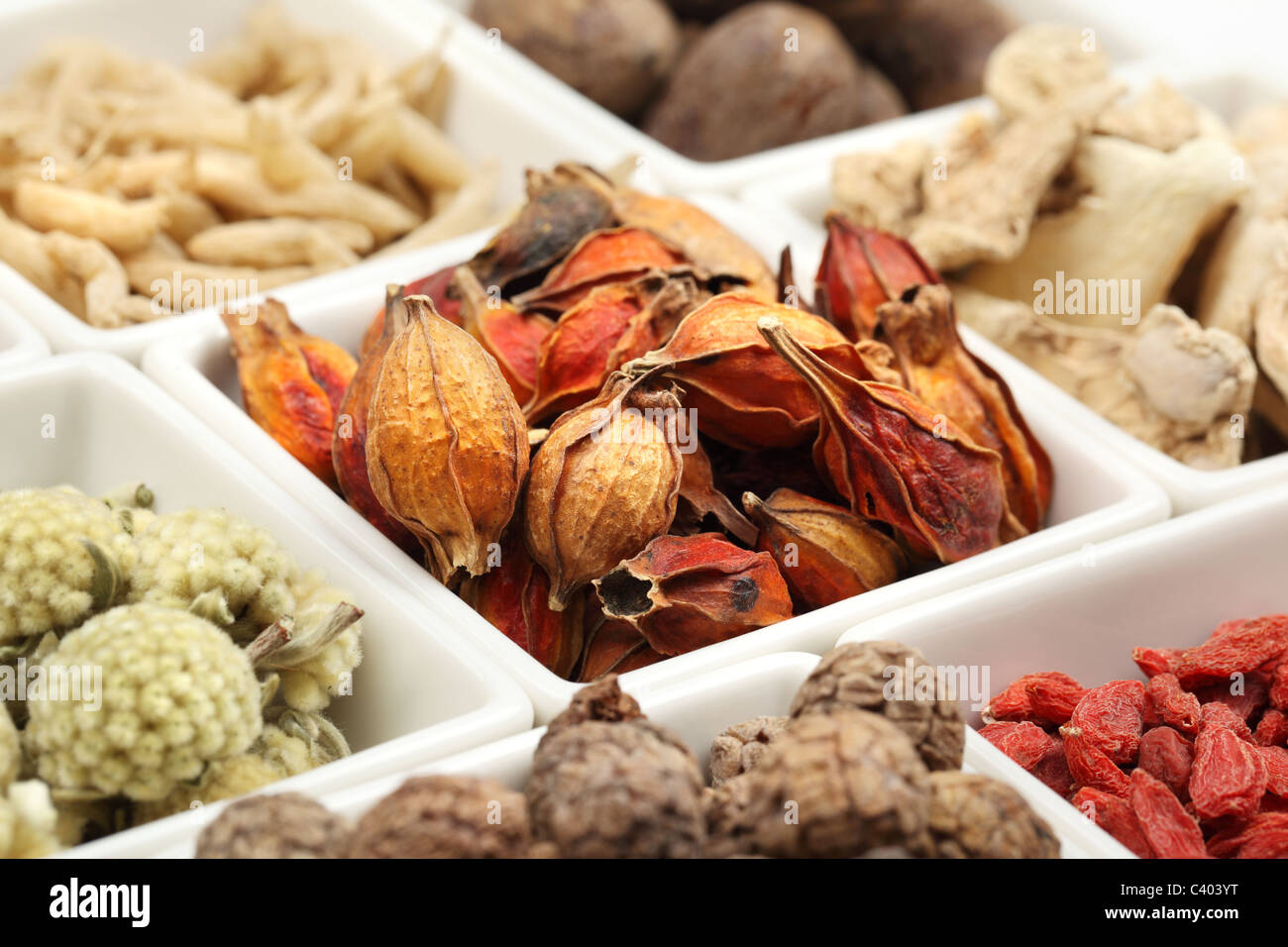 Primo piano della medicina tradizionale cinese Foto Stock
