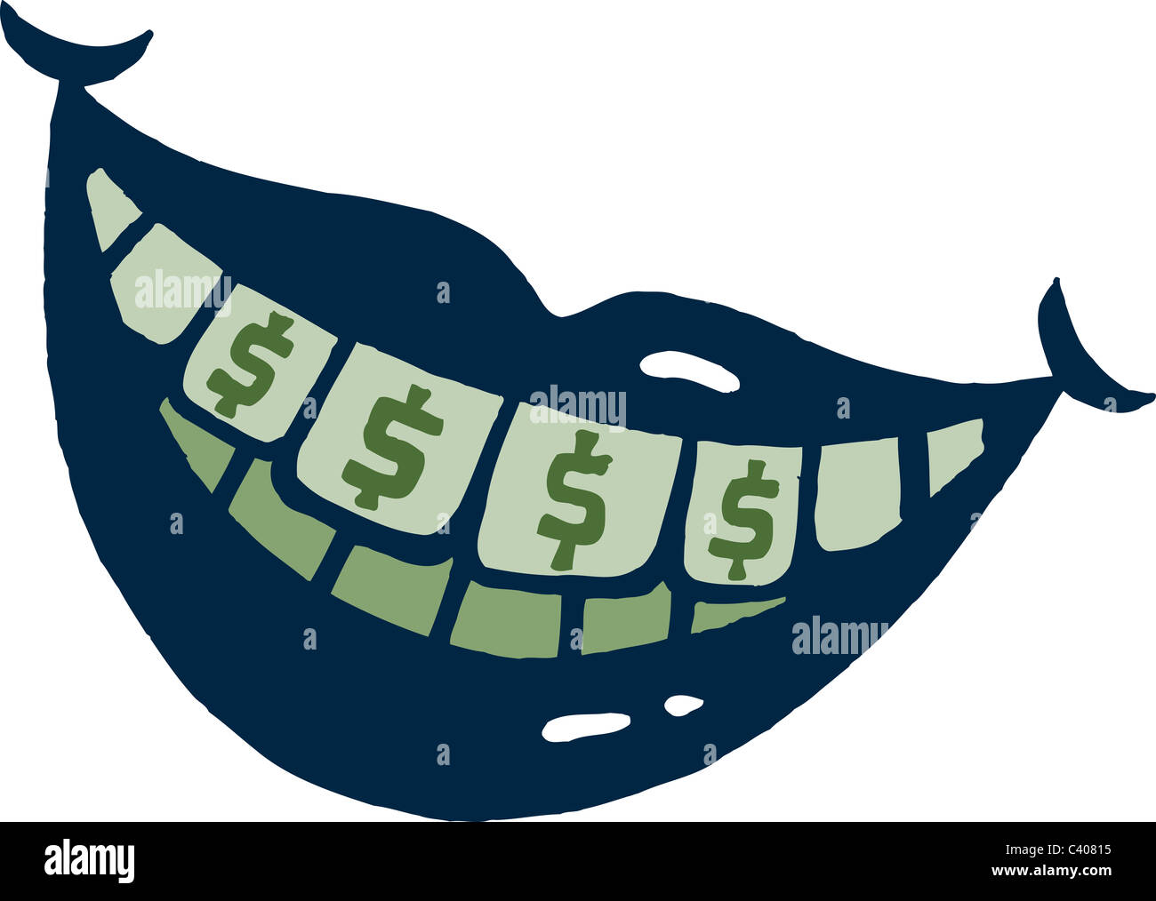 Illustrazione del sorriso toothy con segni di dollaro sui denti Foto Stock