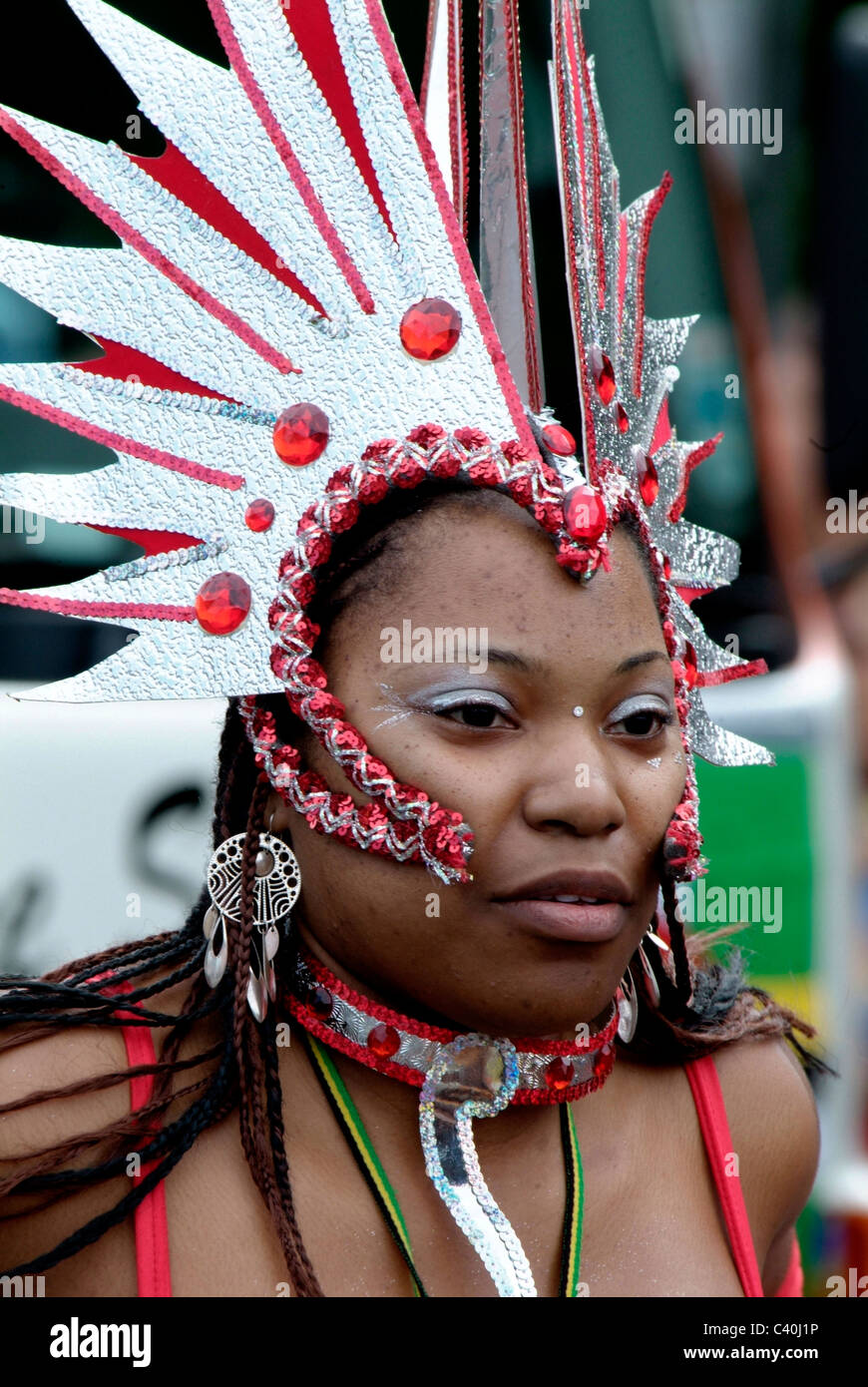 Festival Caraibico manchester afro carnival testa ragazza abito donna femmina lato moss Foto Stock