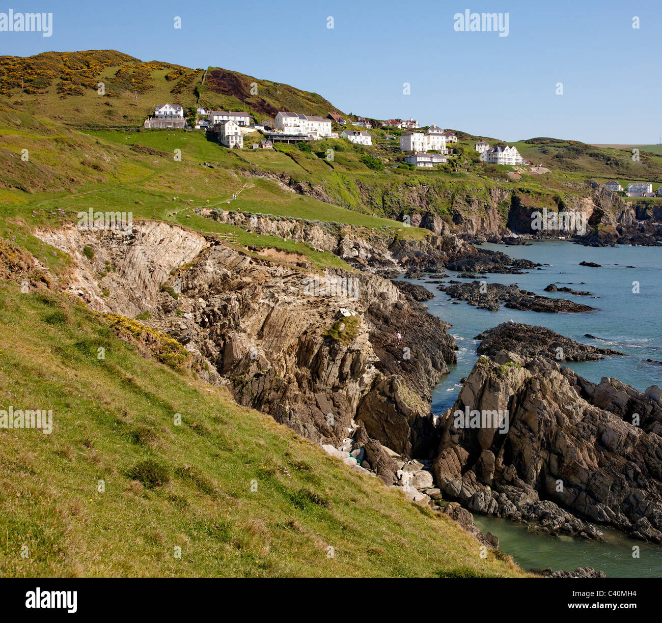 Clifftop case nel Devon villaggio di Woolacombe affacciato sul punto di morte e la Morte Bay Foto Stock