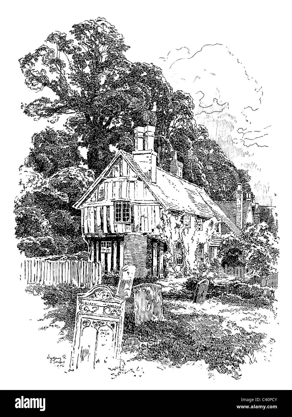 Alveston, Warwickshire - Penna e inchiostro illustrazione da 'Old English Country Cottages' di Charles Holme, 1906. Foto Stock
