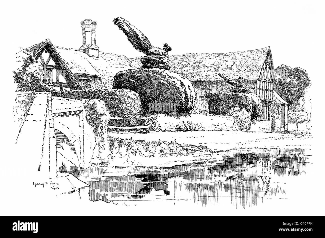 Eardisland, Herefordshire - Penna e inchiostro illustrazione da 'Old English Country Cottages' di Charles Holme, 1906. Foto Stock