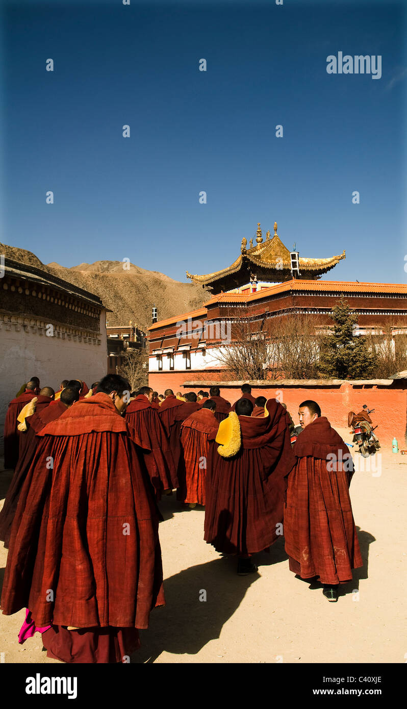 Cappelli giallo , Gelug-Pa, monaci tibetani durante una cerimonia nel monastero di Labrang a Xiahe. Foto Stock