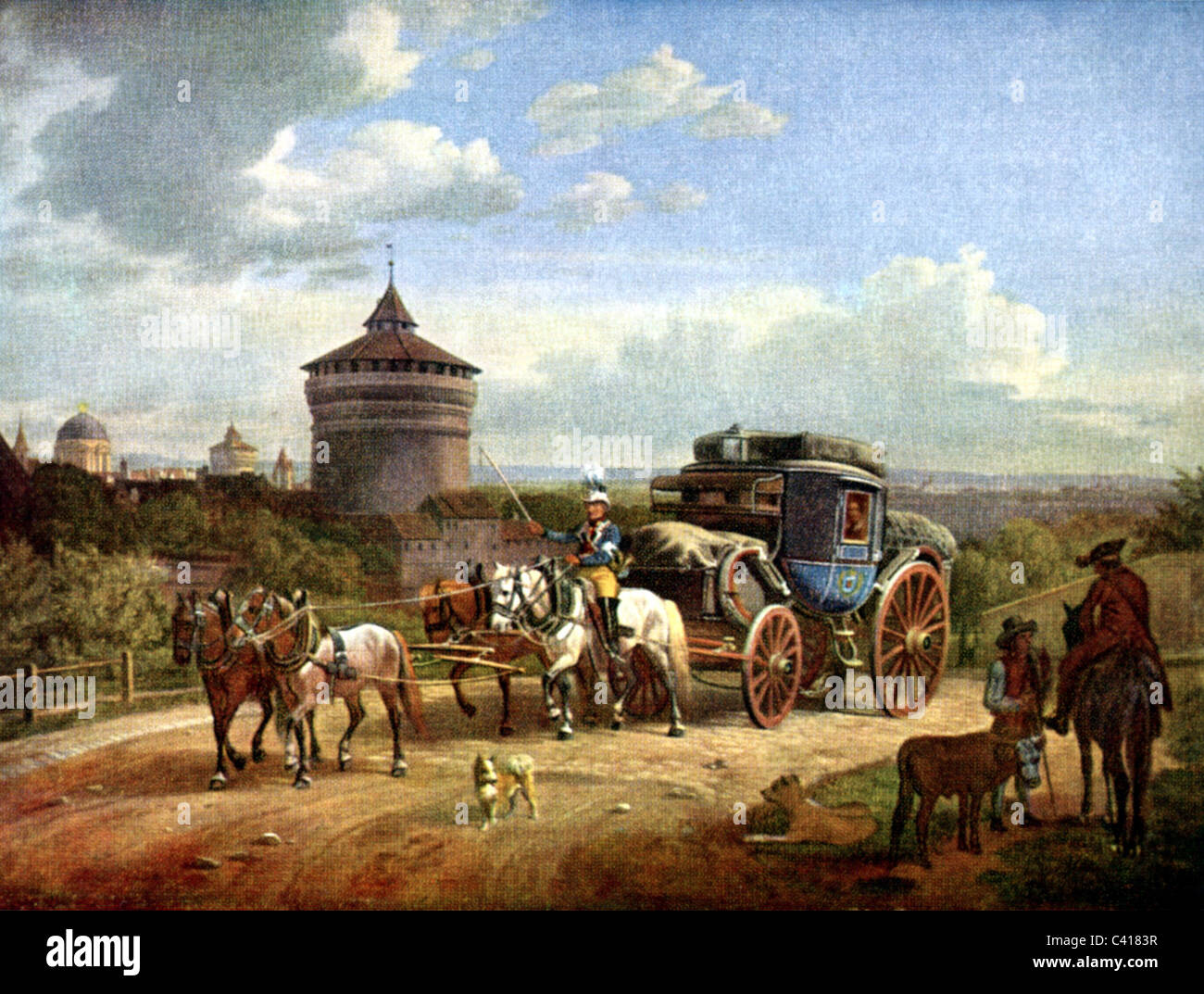 Mail / posta, mail pullman, Norimberga, stampa a colori, 19 ° secolo, storico, storico, trasporto / trasporto, carrozza, carrozza, pullman, carrozze, guida, strada di campagna, strada principale, strade di campagna, strade principali, persone, diritti aggiuntivi-clearences-non disponibile Foto Stock