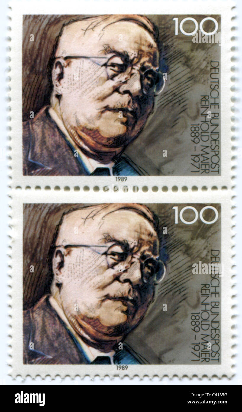 Maier, Reinhold, 16.10.1889 - 19.8.1971, politico tedesco, primo ministro del Baden-Wuerttemberg 1952 - 1953, ritratto, francobollo, numero speciale, Deutsche Bundespost (ufficio postale federale tedesco), 1989, Foto Stock