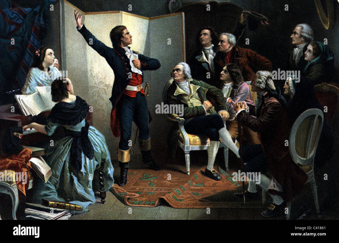 Geografia / viaggio, Francia, Rivoluzione 1789 - 1799, Claude Roger de Lisle cantando il 'Marseillaise' nella casa del sindaco Dietrich, Strassbourg, 28.4.1792, stampa a colori dopo la pittura di Isidore Pins, 1848, , diritti aggiuntivi-clearences-non disponibile Foto Stock