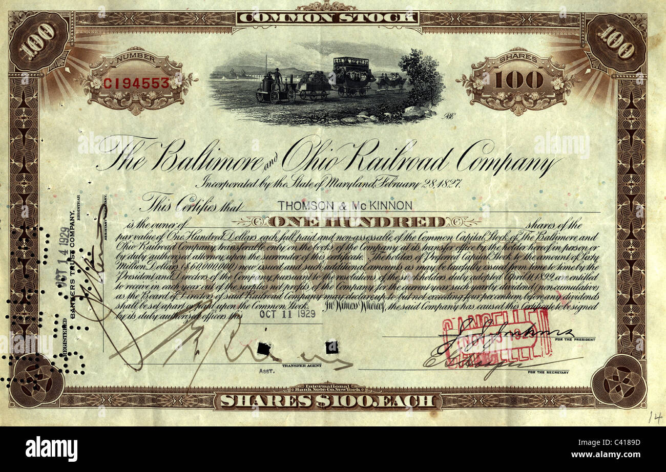 Denaro / finanza, azioni, 100 azioni di Baltimora e Ohio Railway Company,  trattato su 11.10.1929, Additional-Rights-clearences-non disponibile Foto  stock - Alamy