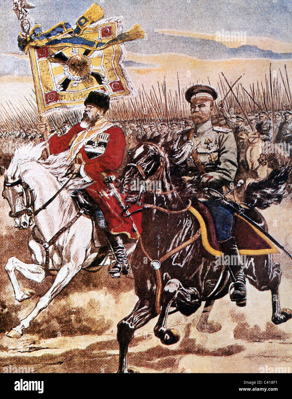 Nicholas II Alexandrovich, 6.5.1868 - 16.7.1918, imperatore di Russia 21.10.1894 - 2.3.1917, guidando davanti ai cosacchi, stampa a colori, cira 1915, , Foto Stock