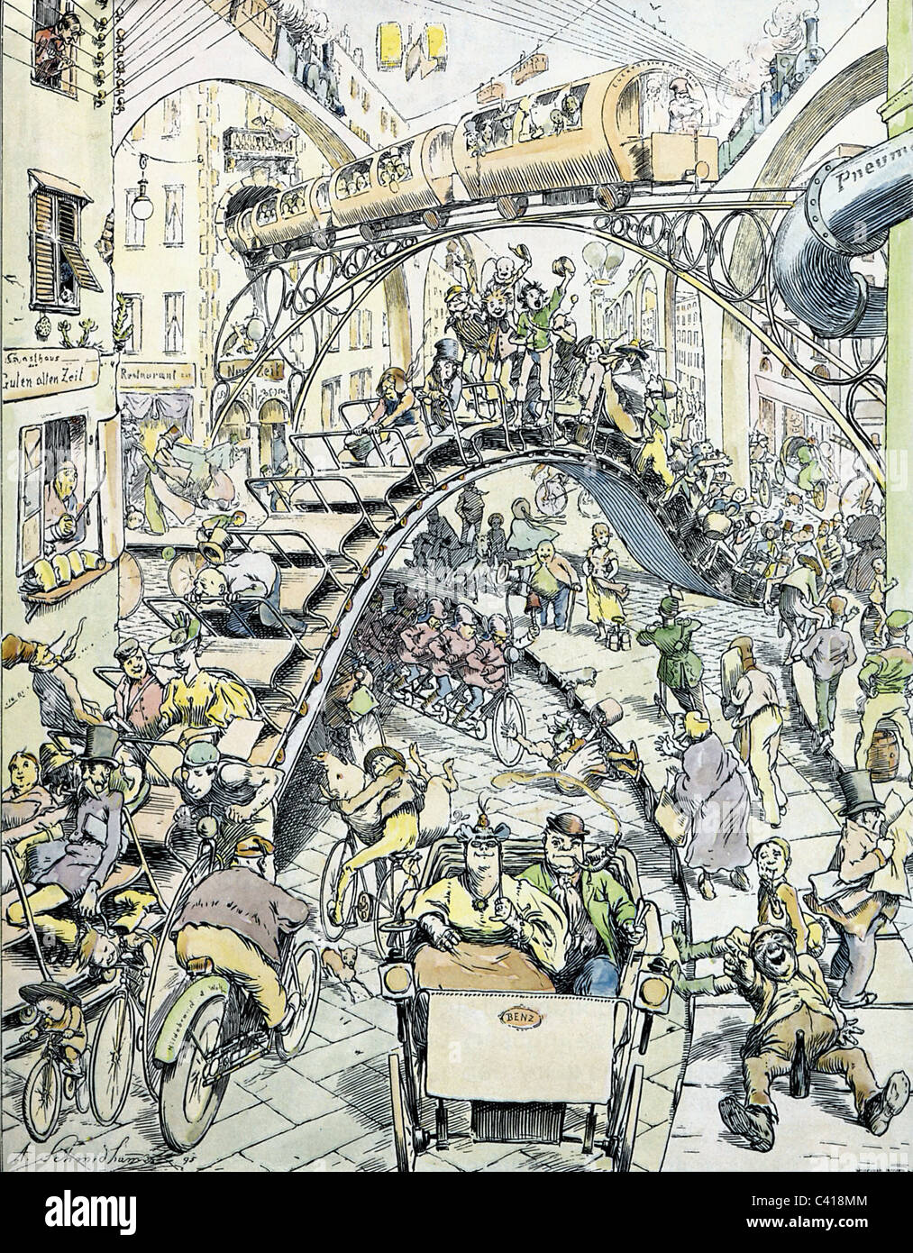 Visione futura di una strada con traffico nel 1900, illustrazione colorata, di Arpad Schmiedhammer, caricatura, pubblicata su 'Simplicissimus', 1895, Additional-Rights-Clearences-Not Available Foto Stock