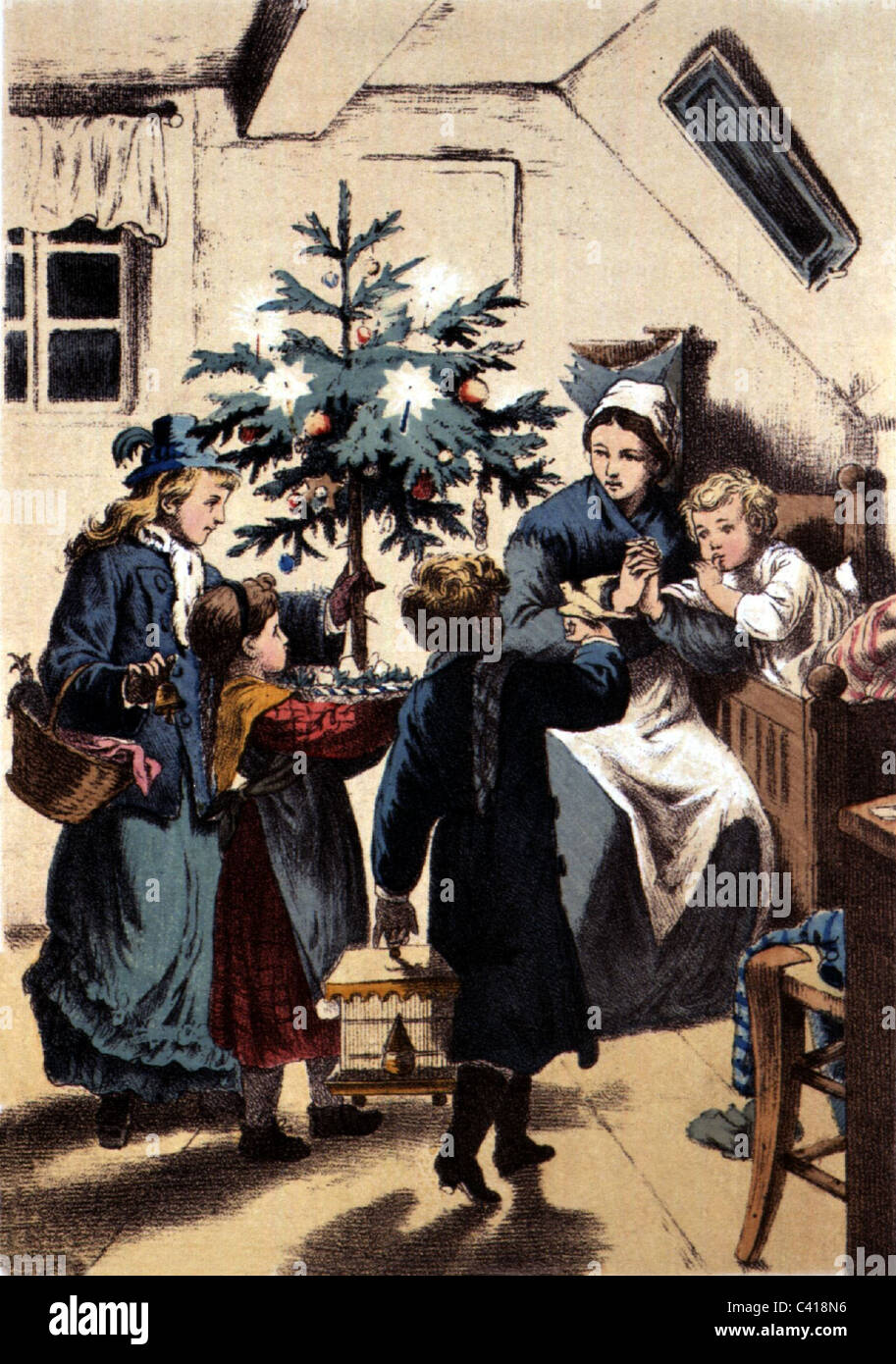 Natale, famiglia che celebra il Natale, illustrazione dal libro 'Jugendblaetter' di Isabella Braun, 1879, litografia colorata, abete, 19 ° secolo, tradizione, preghiera, preghiere, , diritti aggiuntivi-clearences-non disponibile Foto Stock