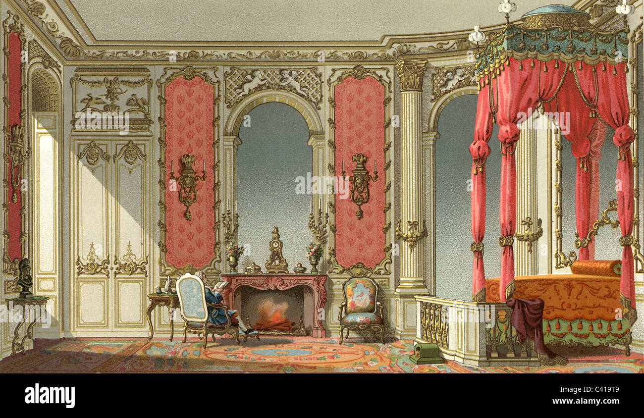 appartamento, camera da letto, Francia, prima metà del 18 ° secolo, cromolithografo di Firmin Didot, Parigi, 19 ° secolo, camera, camere, carta da parati, sfondi, camino, caminetti, letti, letto a baldacchino, baldacchino, colonna, colonne, tardo barocco, arredamento interno, arredamento interno, camera da letto, camere da letto, storico, diritti aggiuntivi-clearences-non disponibili Foto Stock