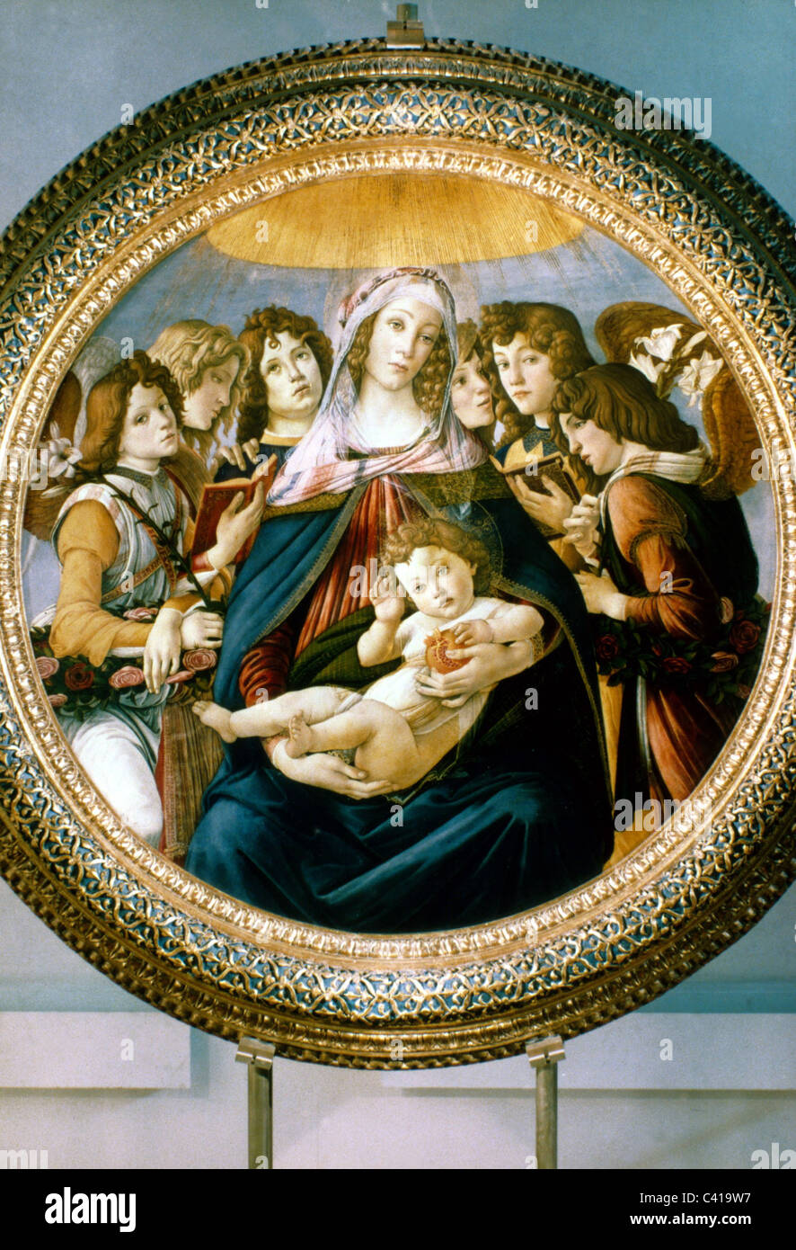 Belle arti, Botticelli, Sandro (1445 - 1510), la pittura, la "Madonna della melagrana' (Madonna con Bambino e sei angeli), 1487, d Foto Stock
