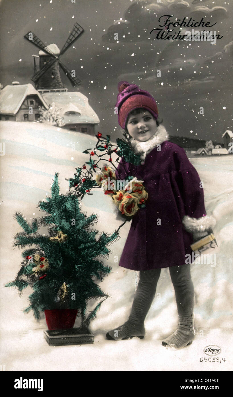Natale, bambina con mistletoe e abete nella neve, cartolina, primi 20 ° secolo, 'buon Natale!', diritti aggiuntivi-clearences-non disponibile Foto Stock