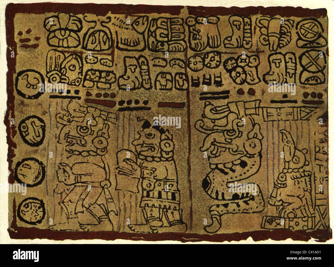 Scrittura, sceneggiatura, Sud America, Maya, frammento di un tonalamatl maya, Tonalamatl, Alamatl, argilla, stampa a colori, stampa cromatica, segno, segni, pittografia, geroglifico, geroglifici, geroglifici, Maya, cultura maya, Sud America, carattere, personaggi, storici, storici, diritti aggiuntivi-clearences non disponibili Foto Stock