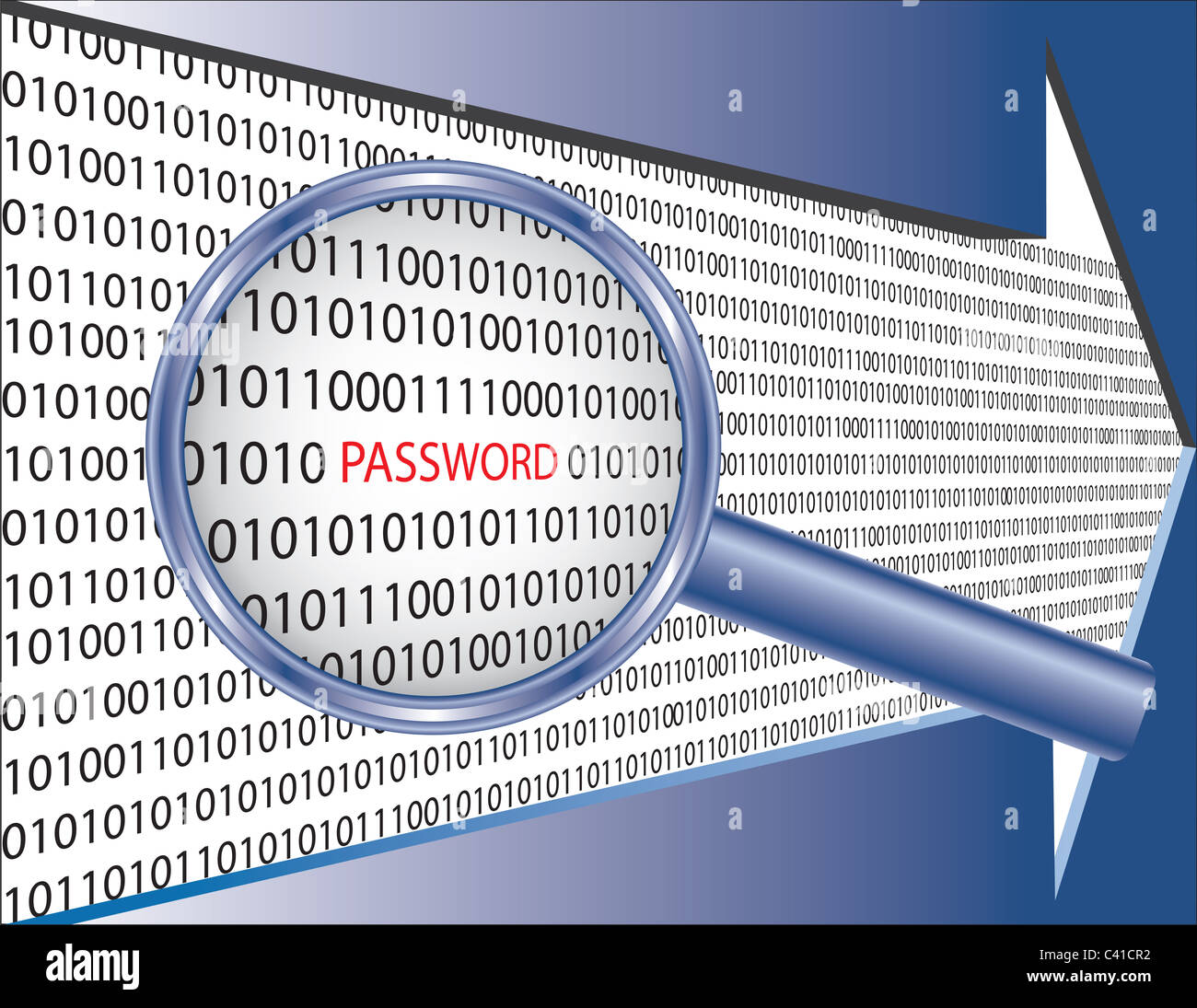 Il codice binario e la parola 'password' sotto la lente di ingrandimento di vetro. La protezione del software Concetto di immagine. Foto Stock