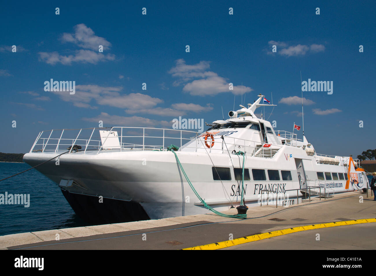 San Frangisk barca catamarano a Venize nel porto di Rovigno la penisola istriana Croazia Europa Foto Stock