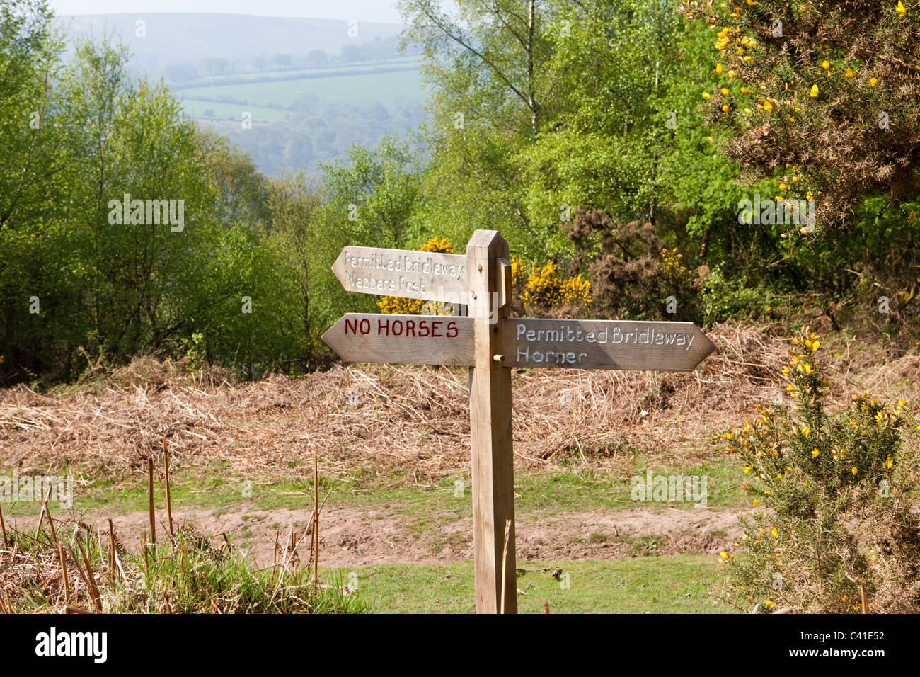 È consentito firmare bridleway sul Webbers Post facile sentiero di accesso su Exmoor, Somerset, Inghilterra, Regno Unito Foto Stock