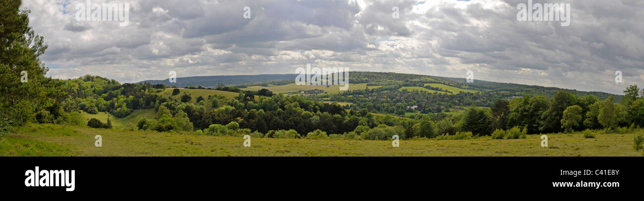 North Downs, Surrey. Vista dal Box Hill verso Ranmore comune Denbies e vigna. Panorama Foto Stock