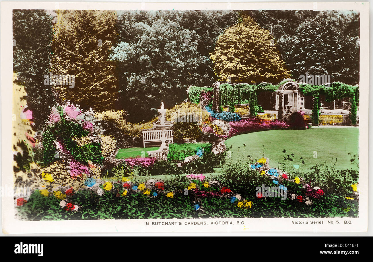 Vintage di cartolina di Butchart Gardens in Victoria, British Columbia, Canada Foto Stock