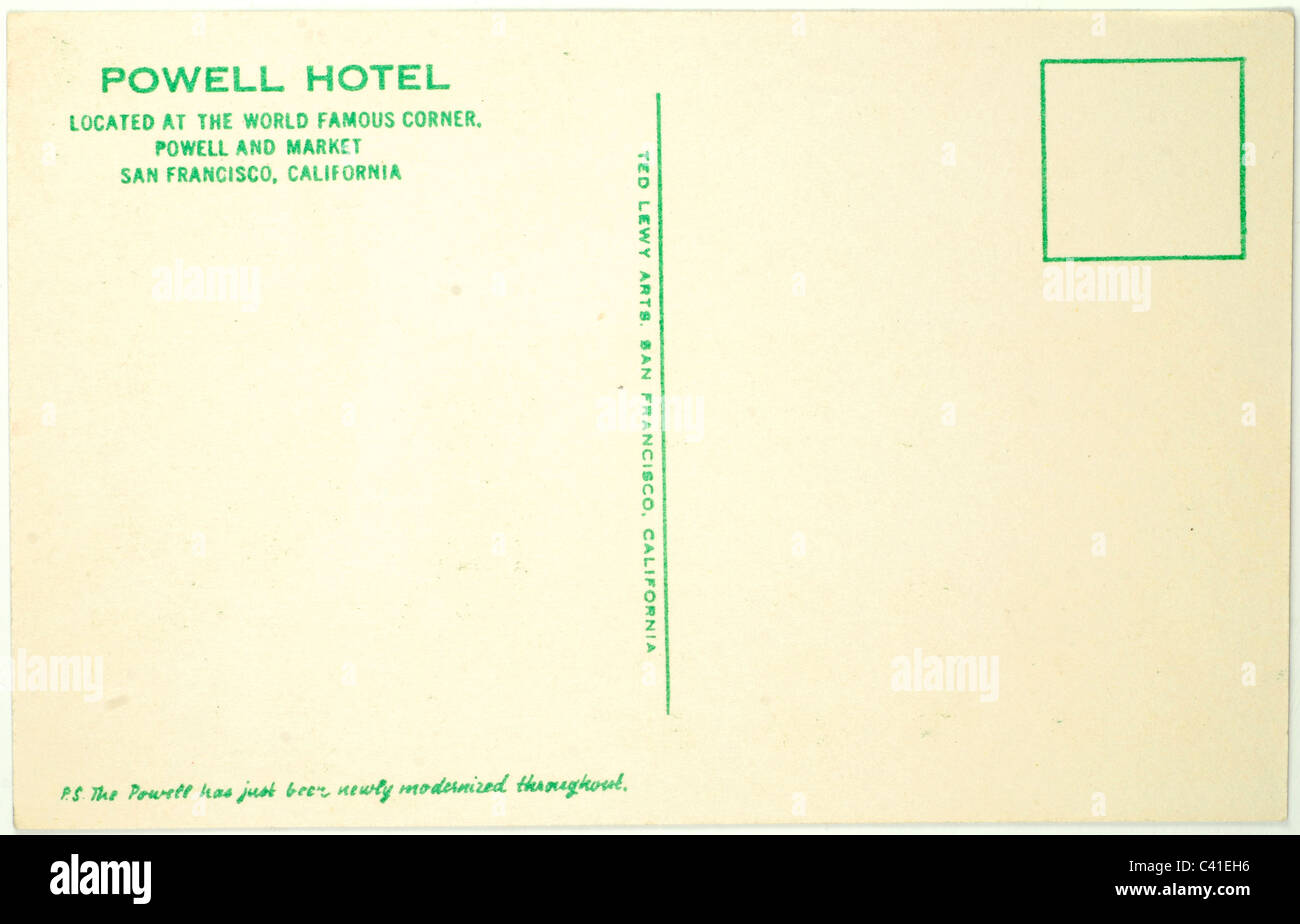 Powell Hotel in San Francisco, California: retro di un vintage anni quaranta post card Foto Stock