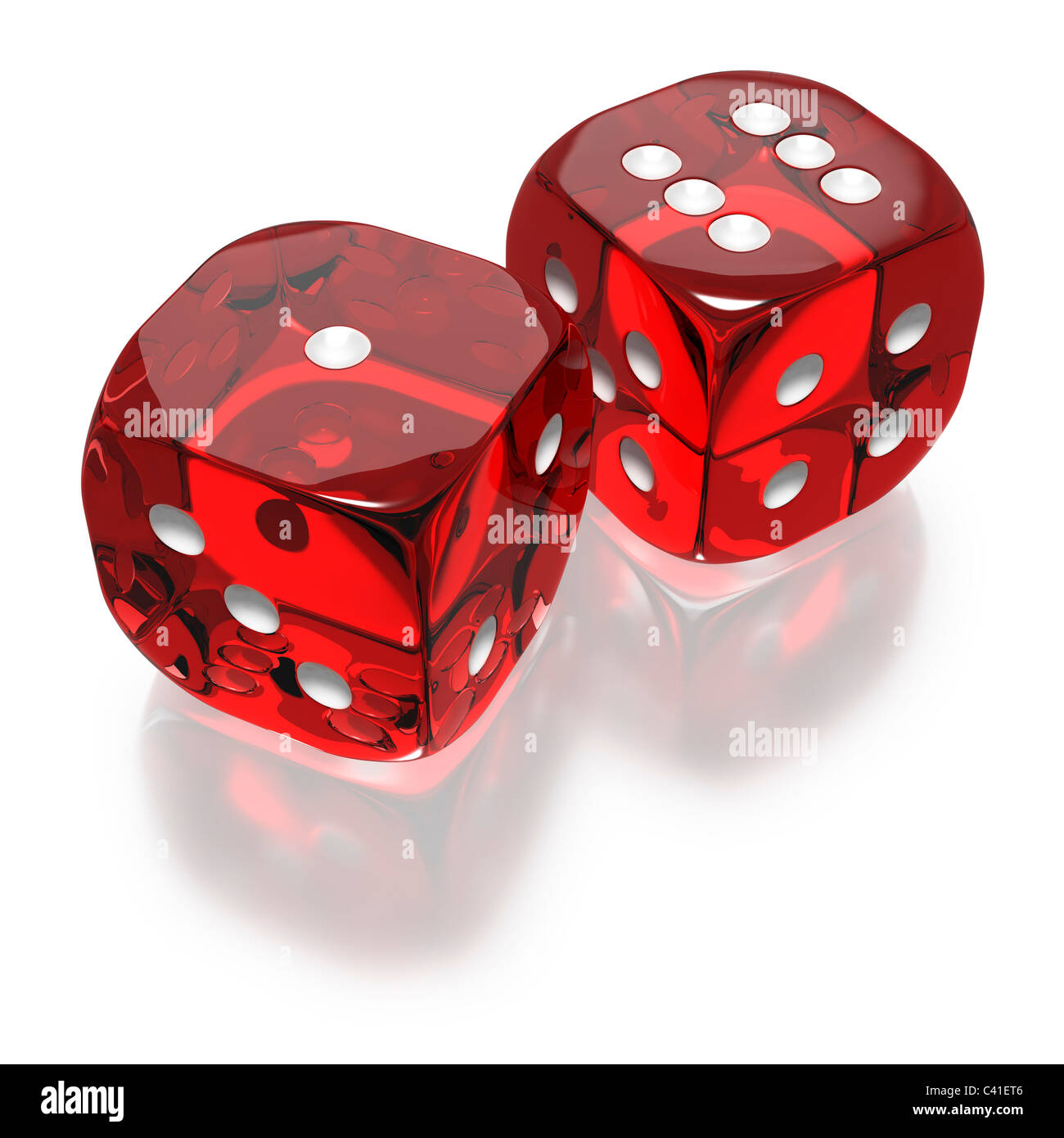 Craps dadi rotola chiamato sette, Big Red, ogni sette o natural su sfondo bianco Foto Stock