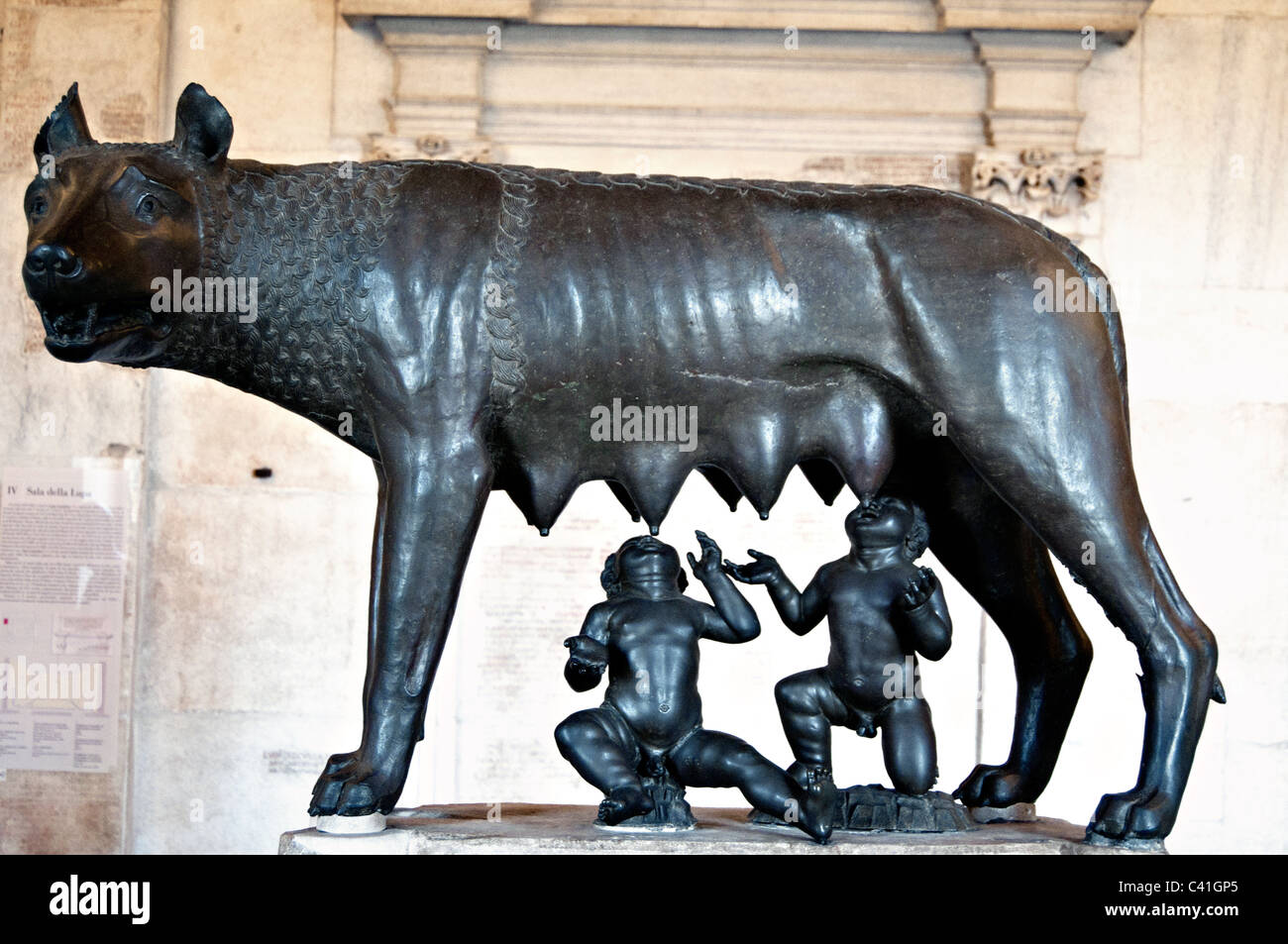 Il simbolo di Roma- etrusco statua in bronzo della Lupa capitolina e gemelli Romolo e Remo nel Museo Capitolino Foto Stock