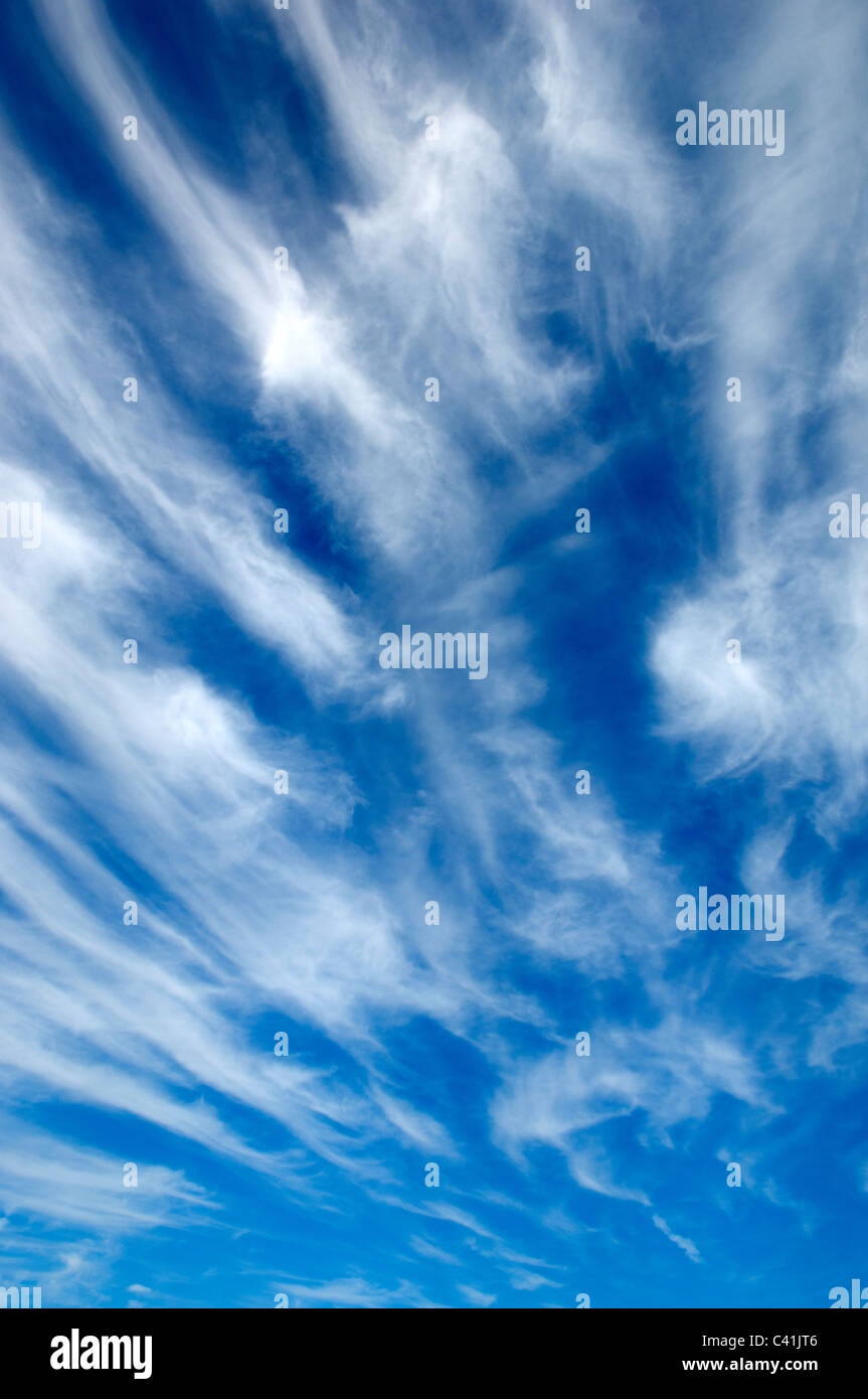 Cirrus nuvole nel cielo blu chiamato Cirrus Uncinus. Foto Stock