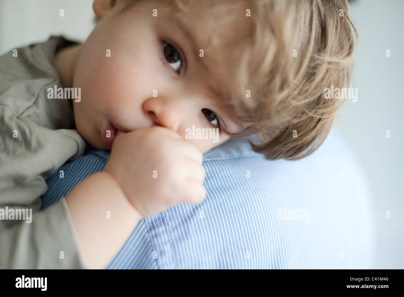 Il Toddler boy in appoggio sulla testa del genitore, spalla lacrime sul viso Foto Stock