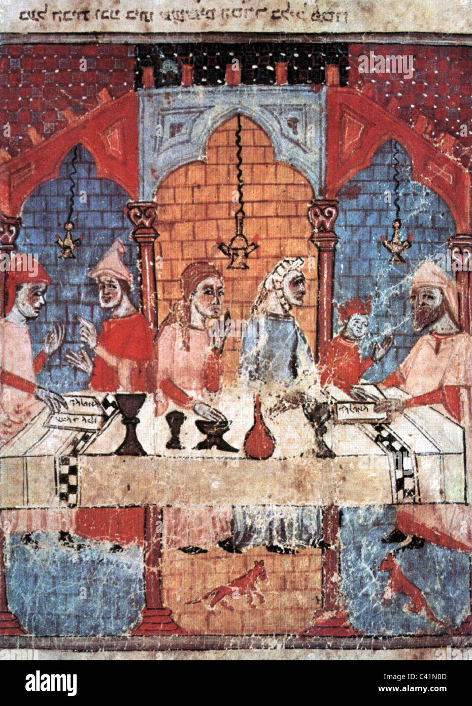 Giudaismo, feste, Seder di Pasqua, primo giorno della festa rituale di Pasqua, lettura di Haggadah, miniatura ebraica, Spagna, XIV secolo, storico, storico, famiglia, religione, celebrazione, Ebrei, Ebrei, Ebreo, nave, vasi, cerimonia, cerimonie, Pasqua, Pesah, Pesakh, Peysekh, Pasysakh, clearences, persone, diritti aggiuntivi non disponibili Foto Stock