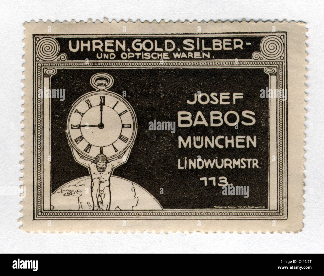 Pubblicità, gioielli, gioielleria Josef Babos, Lindwurmstraße 113, Monaco di Baviera, poster stamp, circa 1910, 1910s, 10s, 20 ° secolo, storico, Art Nouveau, Germania, orologio, orologi, oro, argento, atlante, atlante, orologio da tasca, orologio, orologi da tasca, orologi, orologi, orologi, diritti aggiuntivi-clearences-non disponibile Foto Stock