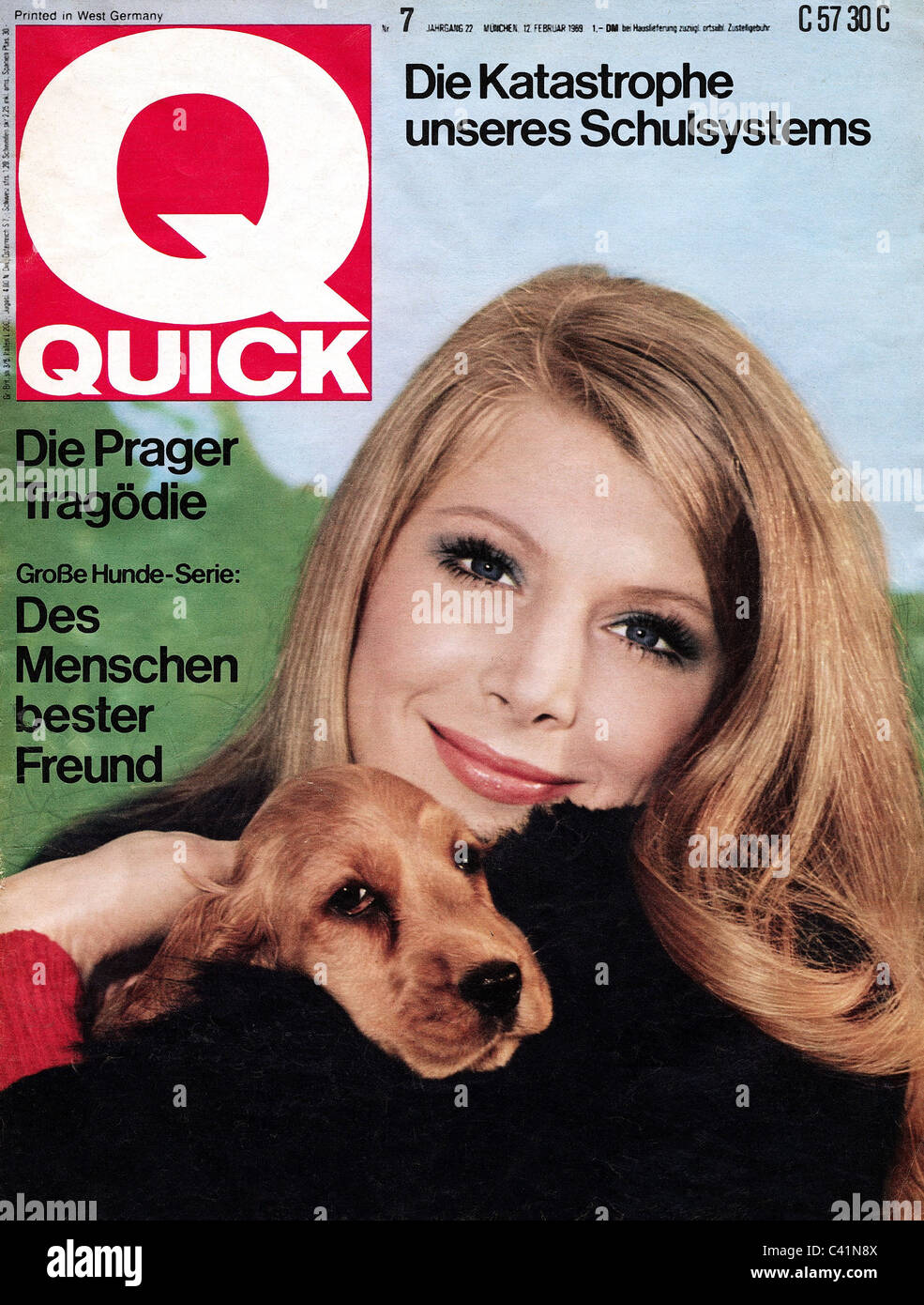 Riviste, Quick, n° 7, 12.2.1969, prima pagina, titoli: 'Il disastro del nostro sistema educativo', 'la tragedia di Praga' (primavera di Praga, 1968), cani, 'il migliore amico di MAN', diritti aggiuntivi-clearences-non disponibile Foto Stock