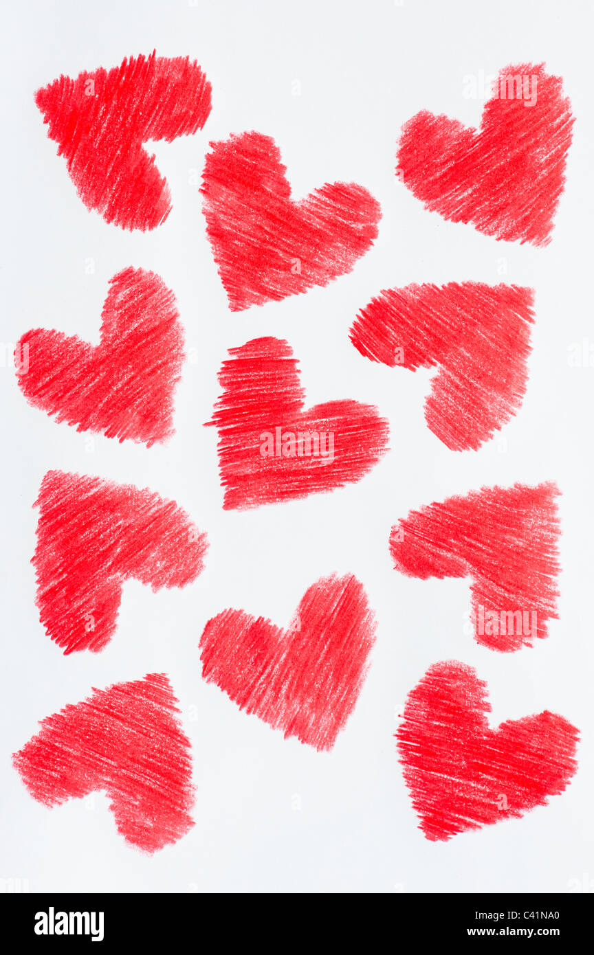 Colore rosso di cuori. Colorato disegno a matita Foto Stock
