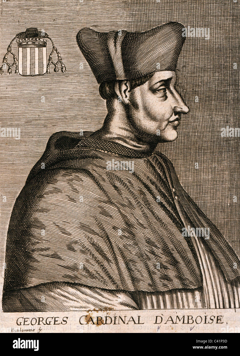 D'Amboise, Georges, 1460 - 25.5.1510, francese cardinale, arcivescovo di Rouen 1493 - 1510, ritratto, incisione su rame da Esme de Boulonois, secolo XVII, artista del diritto d'autore non deve essere cancellata Foto Stock