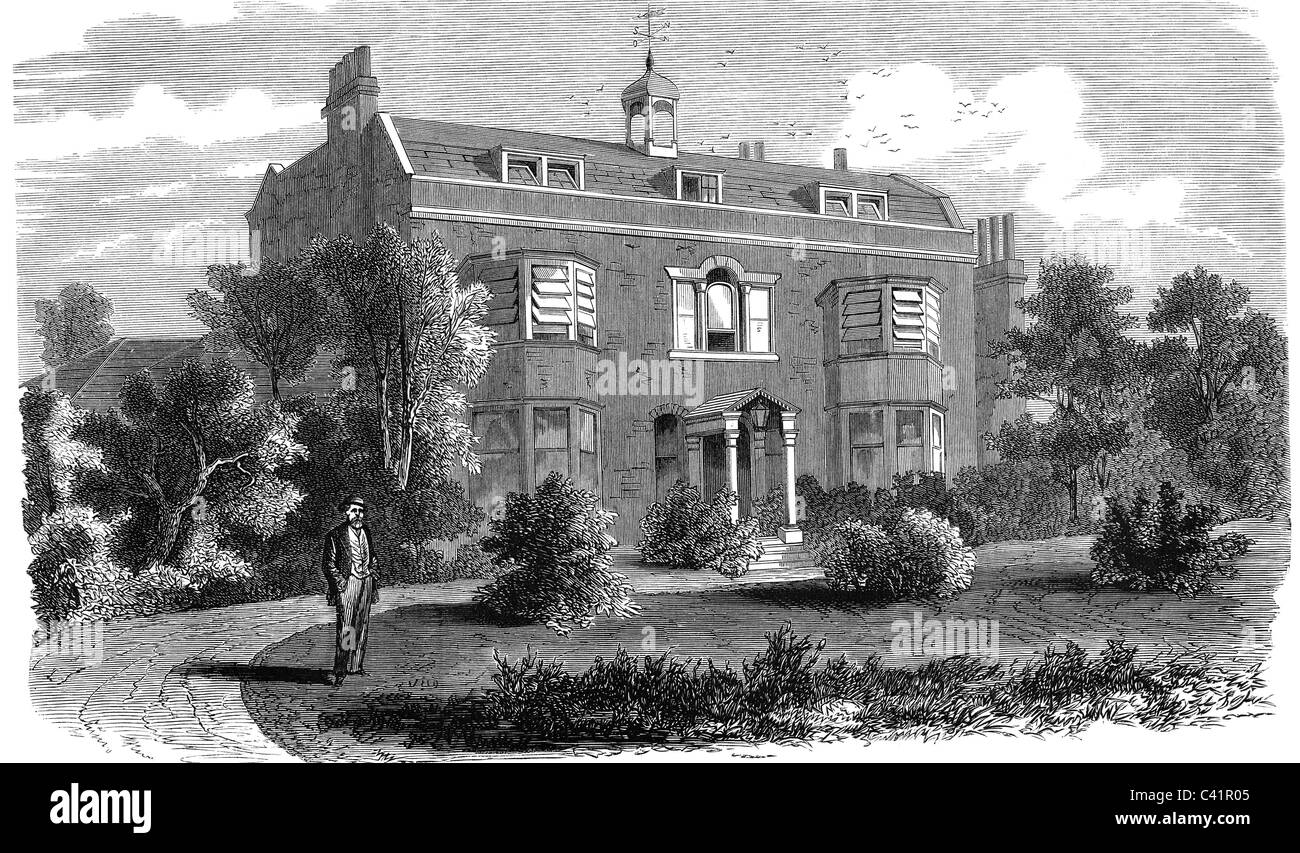 Dickens, Charles, 7.2.1812 - 9.7.1870, autore britannico / scrittore, la sua casa Gads Hill Place vicino Rochester, incisione in legno, circa 1870, Foto Stock