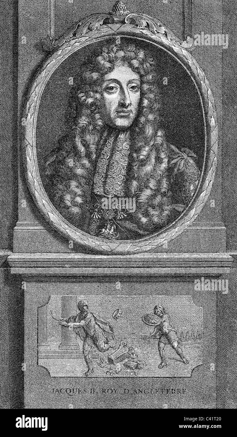 Giacomo II, 24.10.1633 - 17.9.1701, re d'Inghilterra 6.2.1685 - 11.12.1688, ritratto, di seguito: il suo volo, incisione su rame di J. Audran, circa 1690, , artista del diritto d'autore non deve essere cancellata Foto Stock