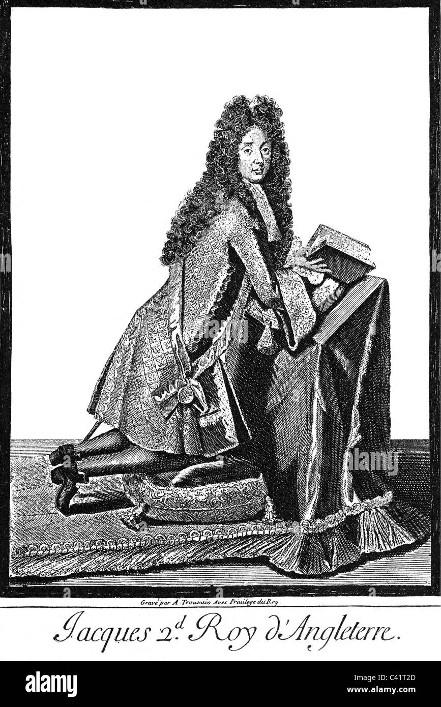 Giacomo II, 24.10.1633 - 17.9.1701, re d'Inghilterra 6.2.1685 - 11.12.1688, pregando, incisione su rame di A. Trouvain, circa 1695, , artista del diritto d'autore non deve essere cancellata Foto Stock